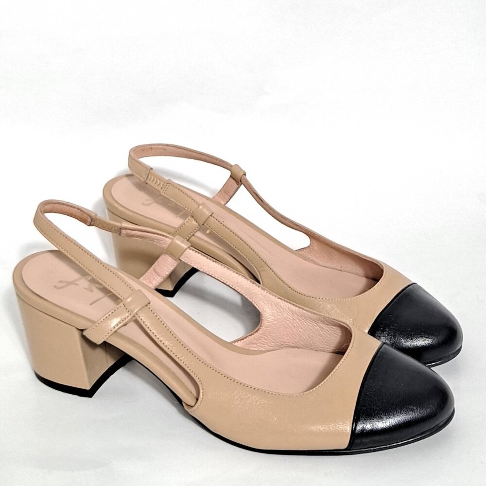 French Sole Nude and Black Slingback Block Heels